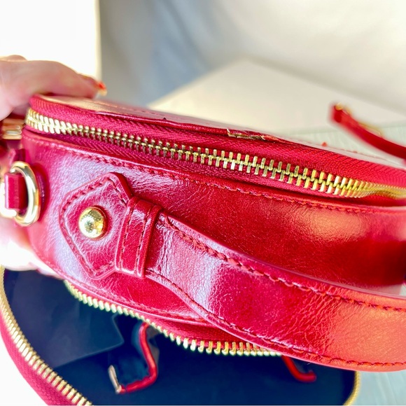 Red Round Crossbody Bag Purse with Cutout Design & Tassel Detail - Picture 10 of 13